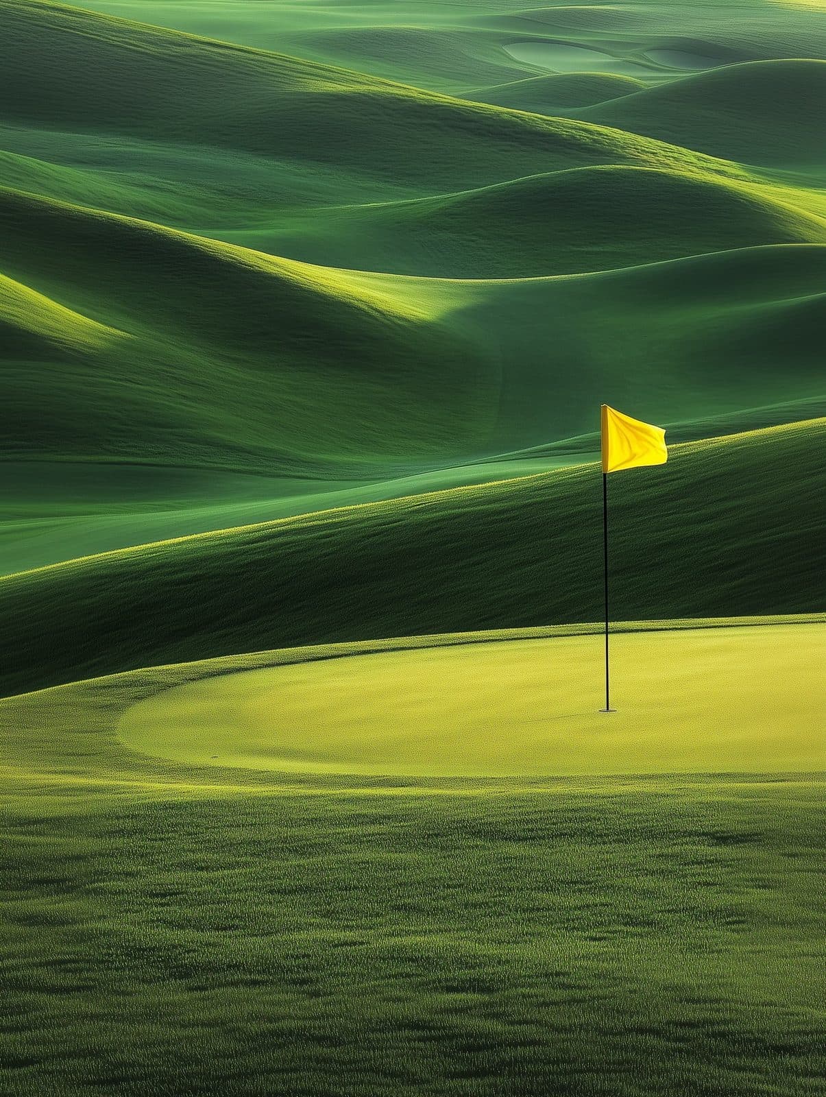 A golf fairway sloping toward a green with a yellow flag