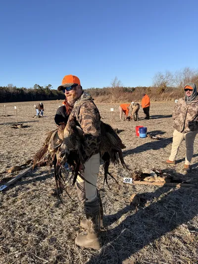 A hunter carries an armful of pheasants.