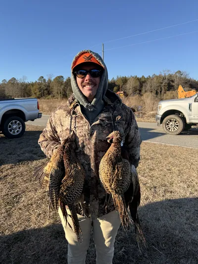 A grinning hunter holds a brace of pheasants.