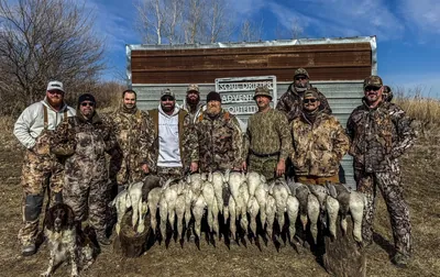 A hunting group stands behind a large pile of snow geese.