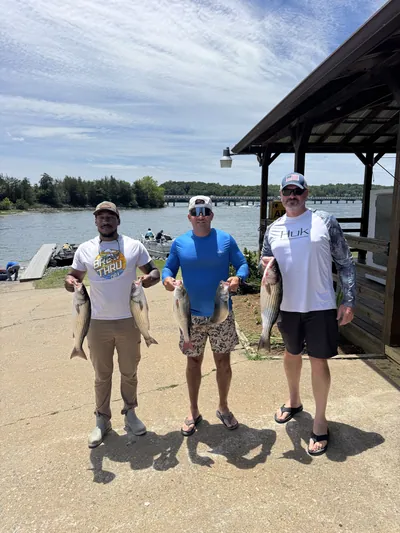 Three anglers hold their fish by a pier.
