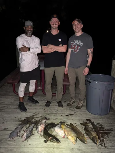The bowfishing catch on a dock at night.